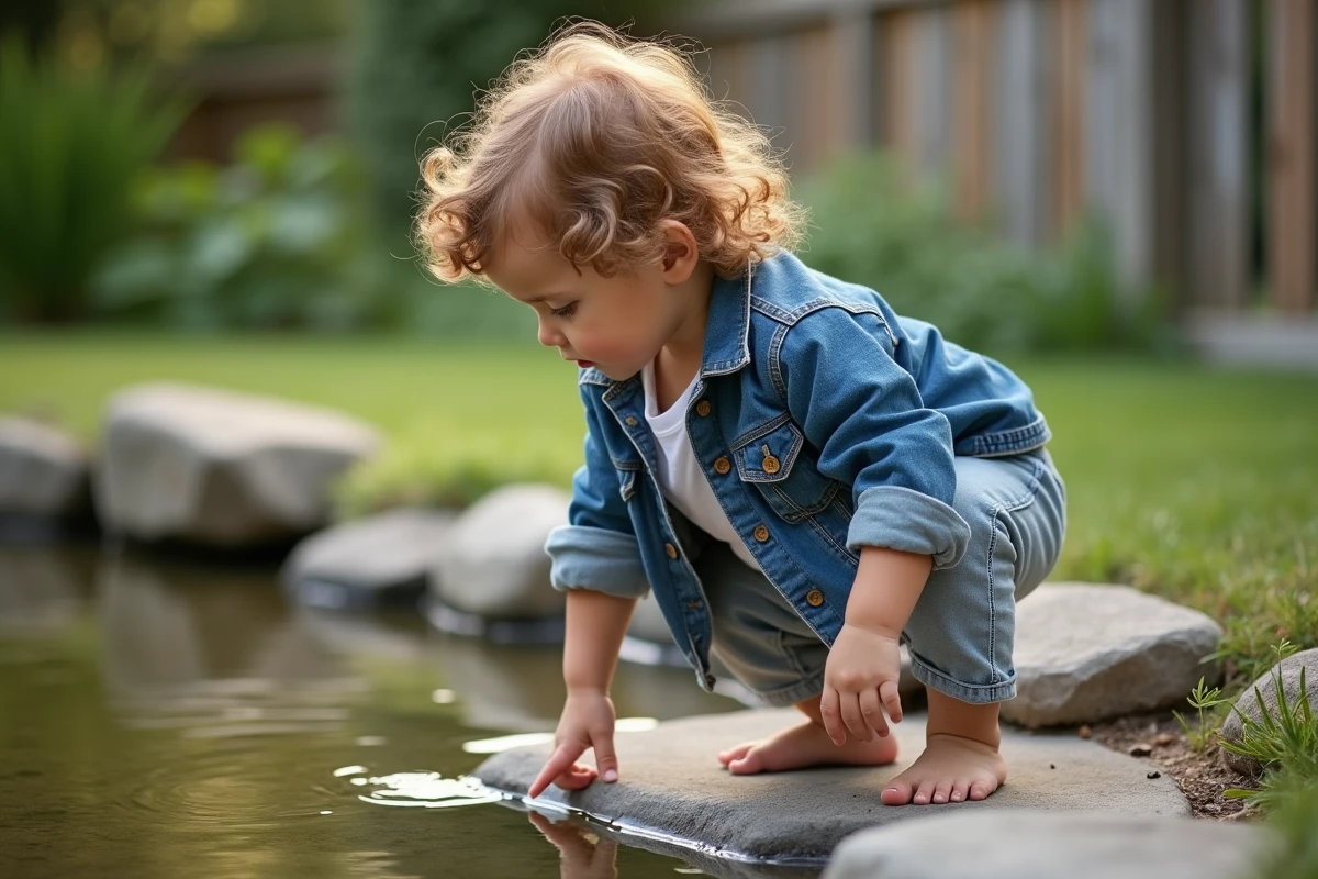Petit garçon nommé Noah explorant un jardin au bord d'un bassin, illustrant l'identité forte et curieuse associée au prénom Noah