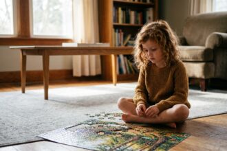 Jeune fille concentrée assemblant un puzzle classique coloré sur le sol d'un salon chaleureux