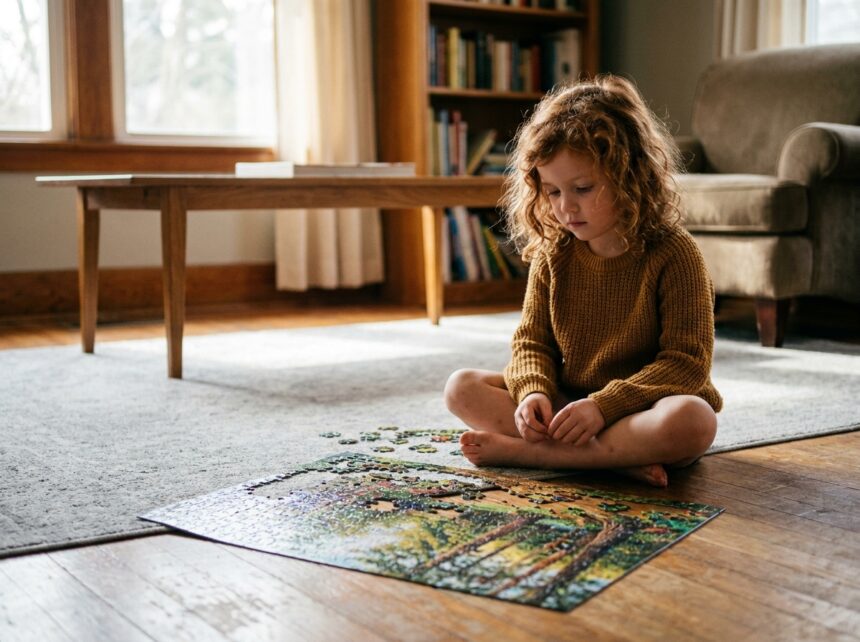 Jeune fille concentrée assemblant un puzzle classique coloré sur le sol d'un salon chaleureux