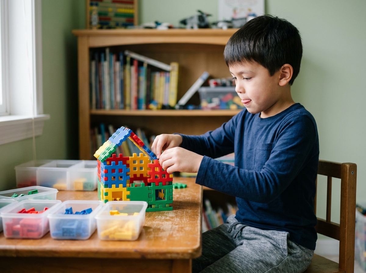 Garçon construisant une maison avec des blocs de construction colorés à son bureau dans sa chambre