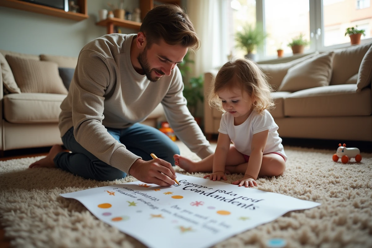 Jeune garçon aidant une fille à coller des stickers sur un poster parrain