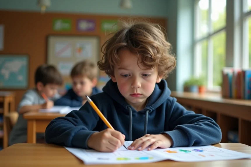 Enfant avec TDAH concentré sur un exercice dans une petite classe spécialisée adaptée