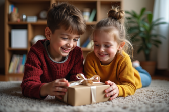 Deux enfants découvrent un cadeau dans un salon chaleureux