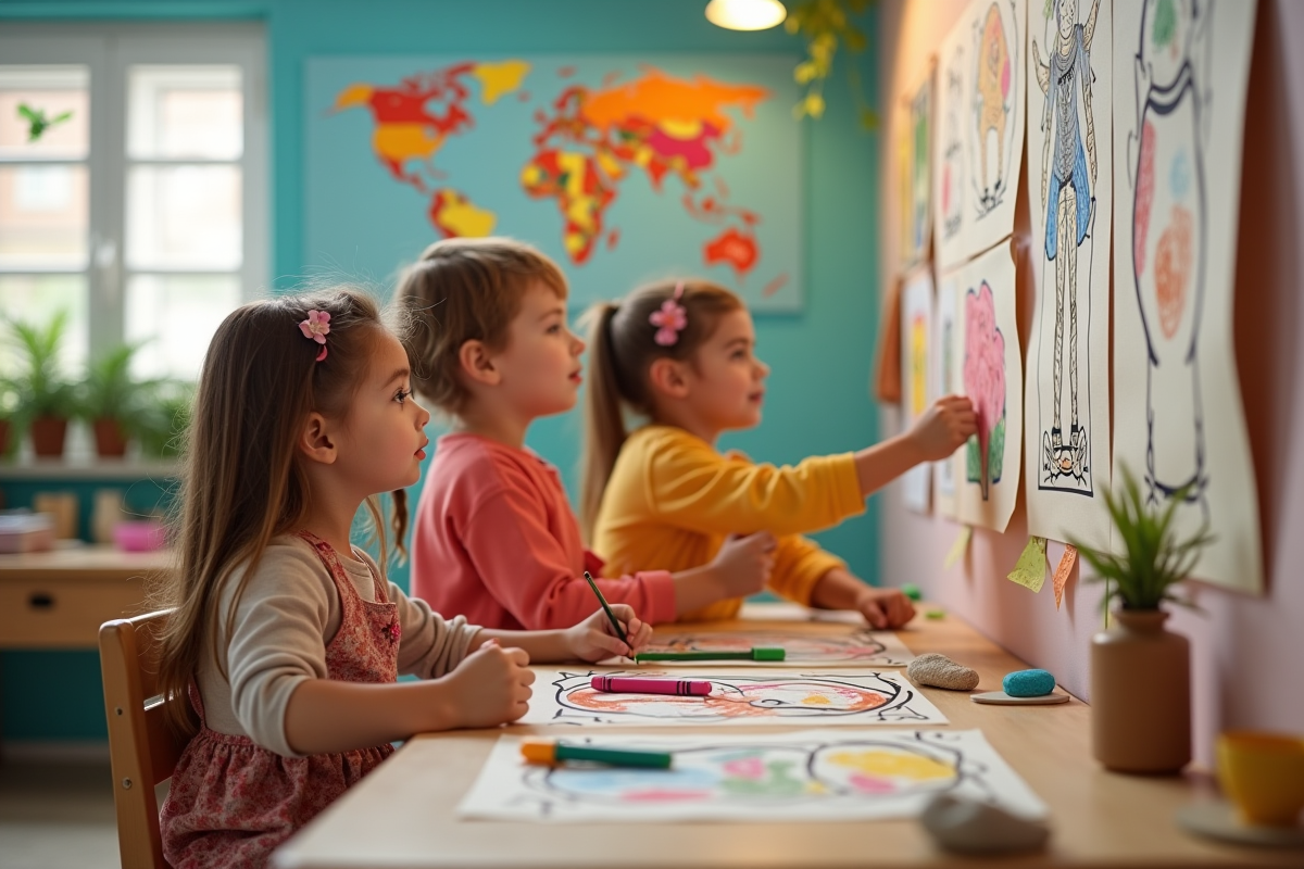 Enfants créant une fresque dans une classe Freinet