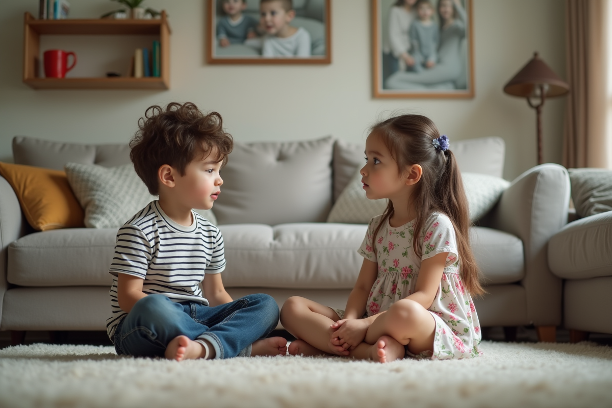 Deux enfants assis sur un tapis de salon en pleine conversation