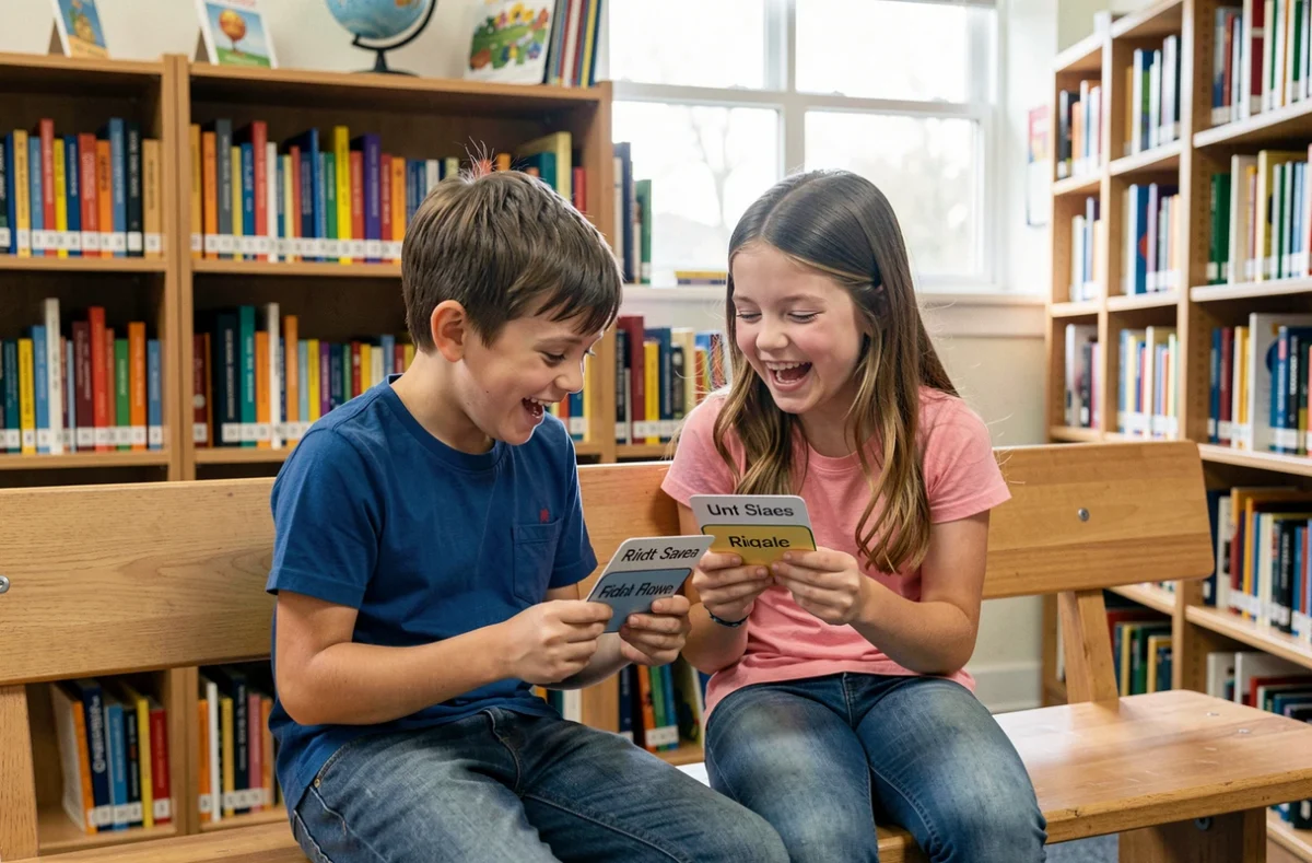 Deux enfants riant en jouant à des devinettes bilingues français-anglais dans une bibliothèque scolaire
