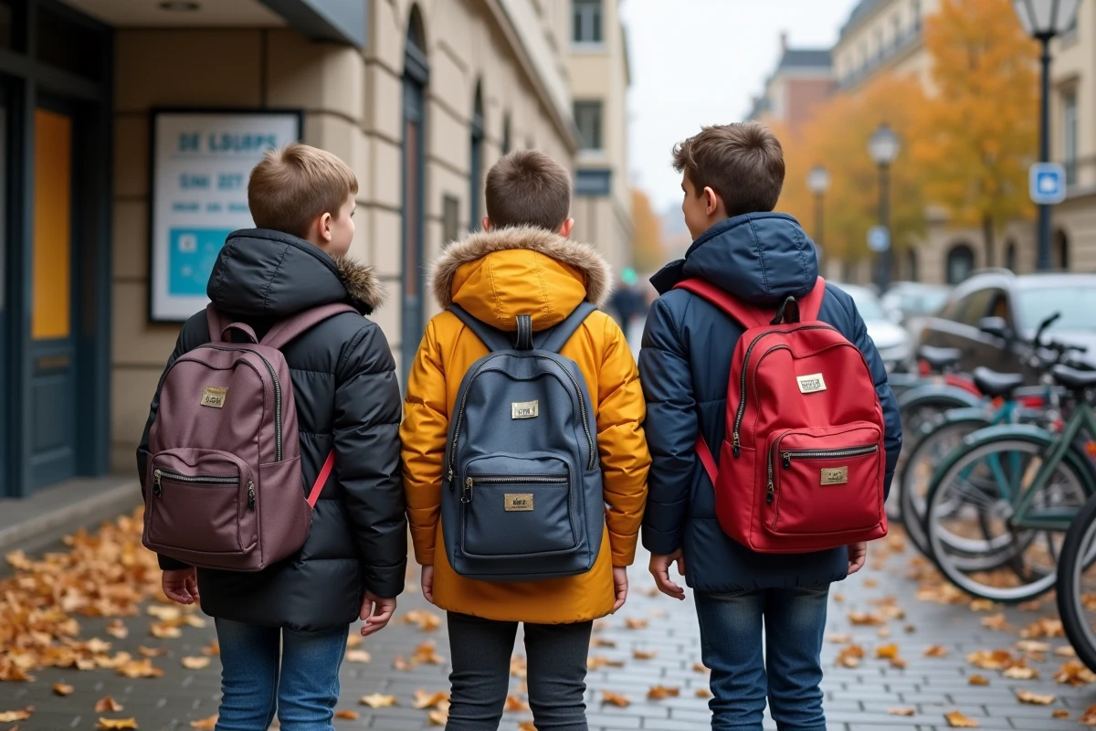 Trois enfants d'école françaises devant une affiche de vacances