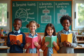 Quatre enfants en classe devant un tableau coloré avec des mots clés en français