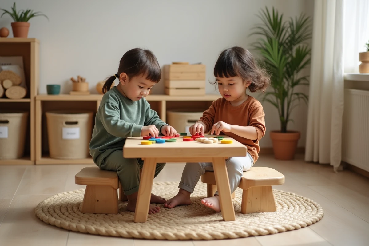Deux enfants jouant ensemble avec des matériaux Montessori en bois dans une salle de jeux éducative aménagée