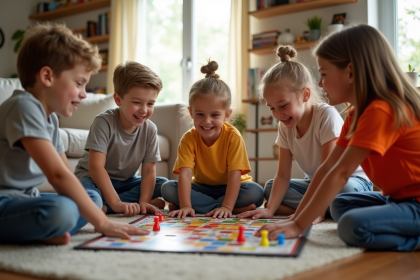 Enfants d'école primaire jouent à un jeu de société dans un salon lumineux