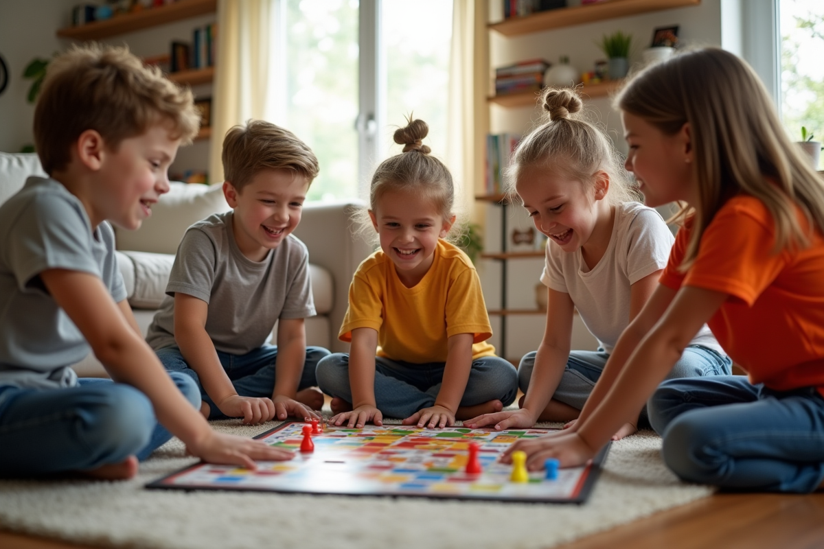 Enfants d'école primaire jouent à un jeu de société dans un salon lumineux