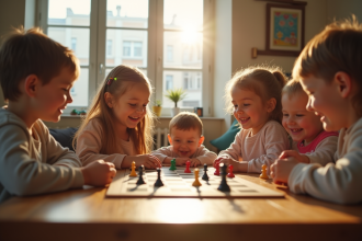 Enfants jouant à des jeux de société dans un salon lumineux