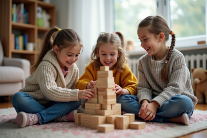 Trois enfants rient en construisant une tour en bois dans un salon lumineux