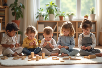 Groupe d'enfants en classe Montessori avec jeux éducatifs