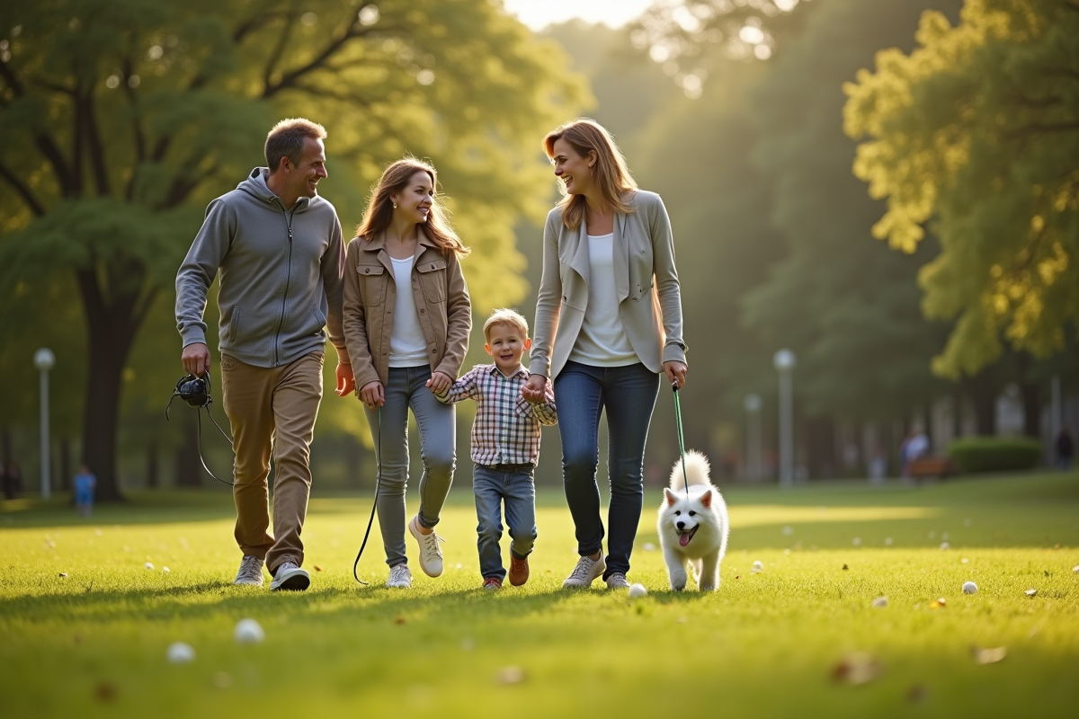 Enfants et parents promenant un animal dans un parc vert