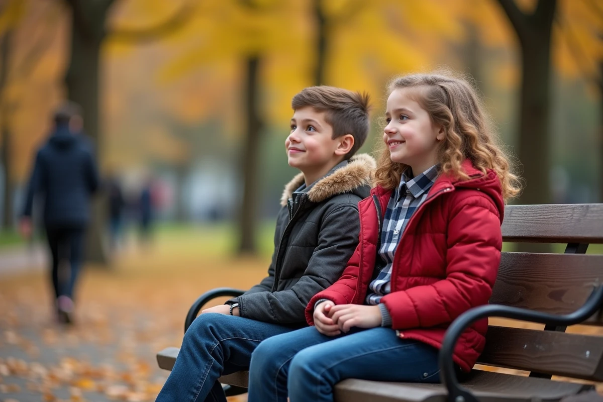 Deux enfants assis sur un banc dans un parc en automne