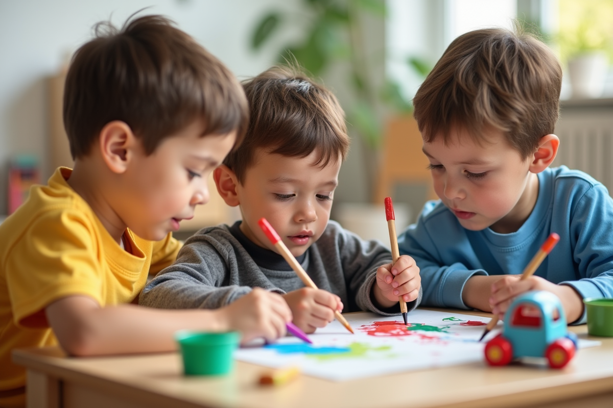 Trois enfants de 4 ans peignant ensemble dans une salle lumineuse