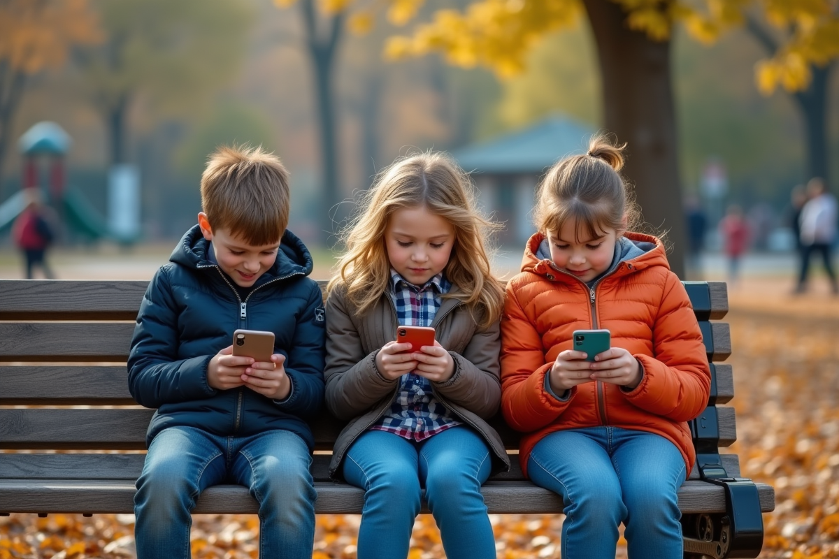 Trois enfants sur un banc de parc avec leurs smartphones