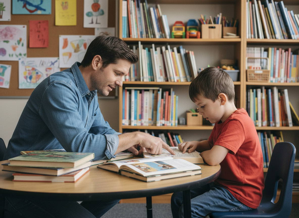Professeur aidant un élève à lire en bibliothèque