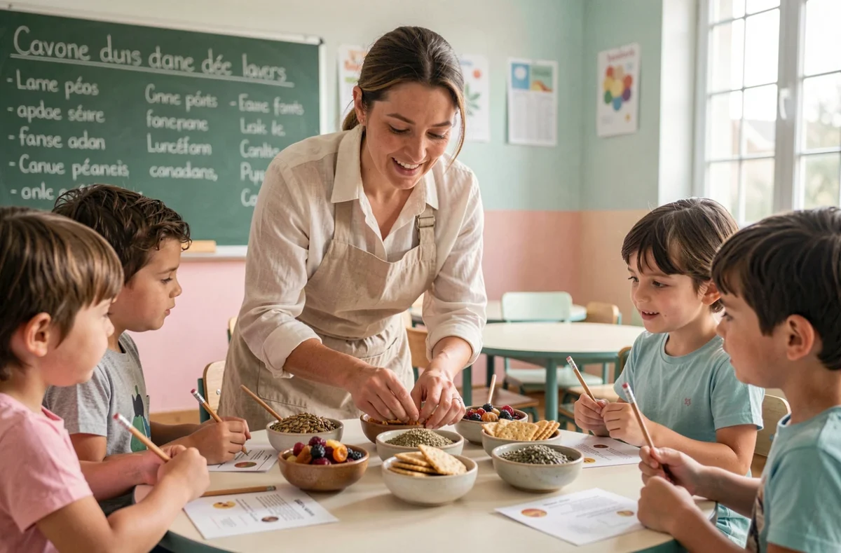 Enseignante guidant ses élèves lors d'une dégustation sensorielle avec des aliments variés et des fiches de dégustation dans une salle de classe pendant la Semaine du goût 2026