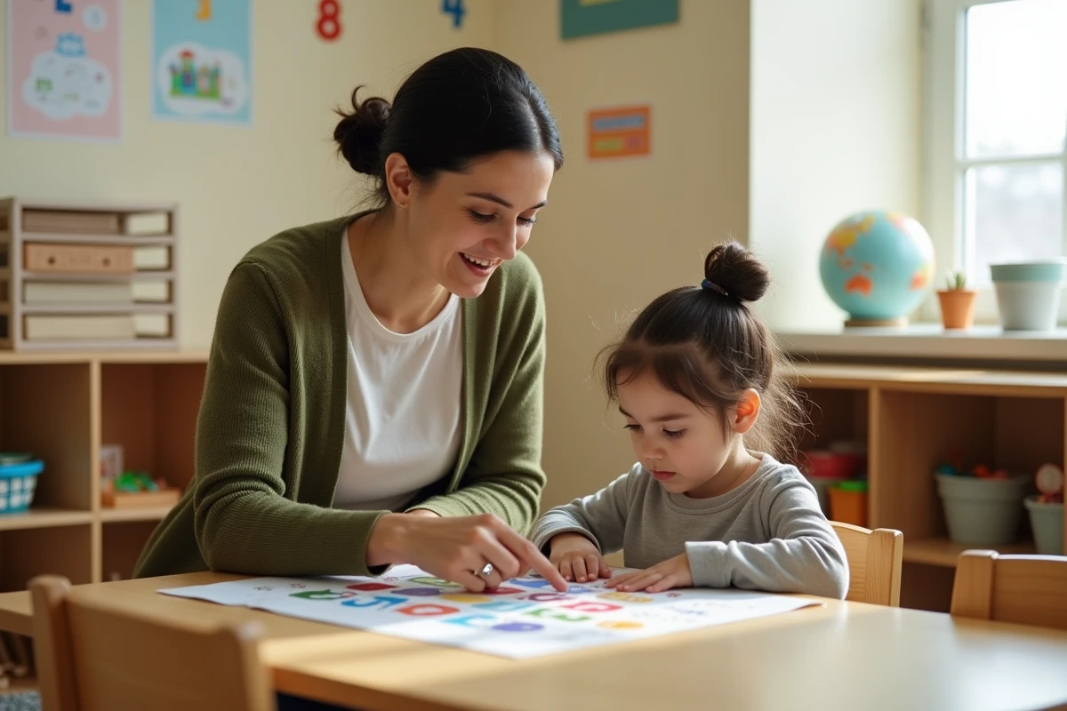 Enseignante spécialisée accompagnant un élève dyslexique avec une méthode visuelle personnalisée