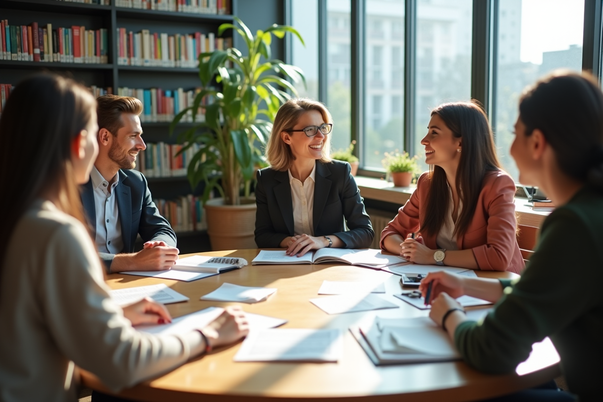 Une femme enseignant avec des adultes dans une bibliothèque lumineuse