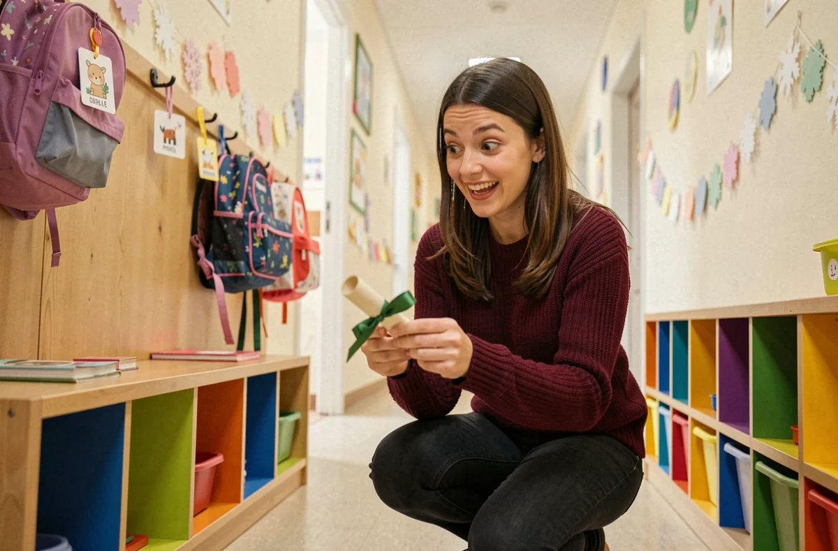 Enseignante de maternelle découvrant une lettre de lutin roulée dans le couloir de l'école