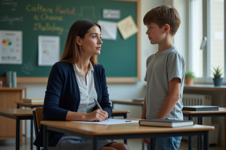 Professeure sérieuse en classe avec un adolescent