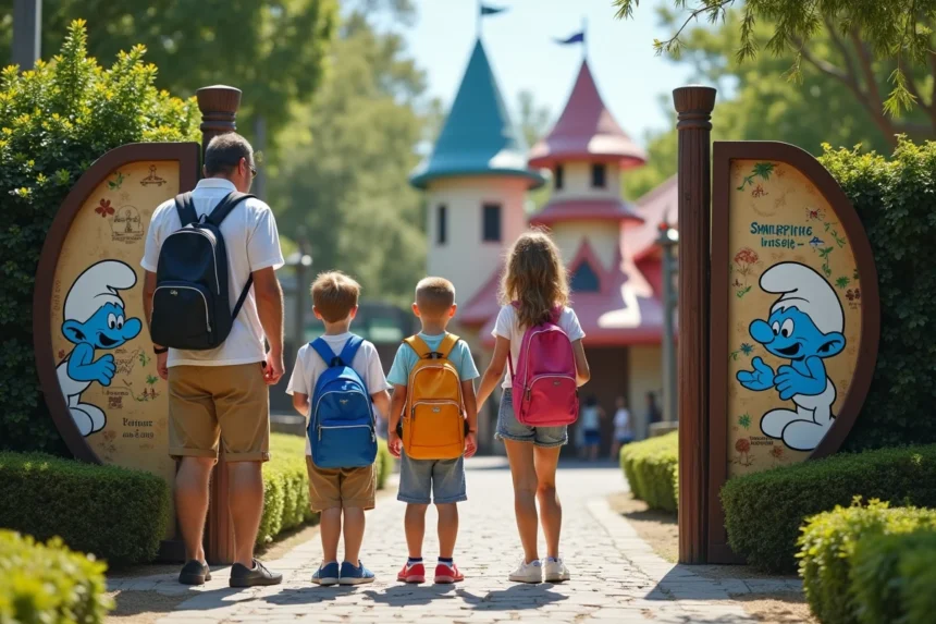 Famille à l'entrée du Parc des Schtroumpfs devant le panneau d'accueil avec carte illustrée et décors en forme de champignons