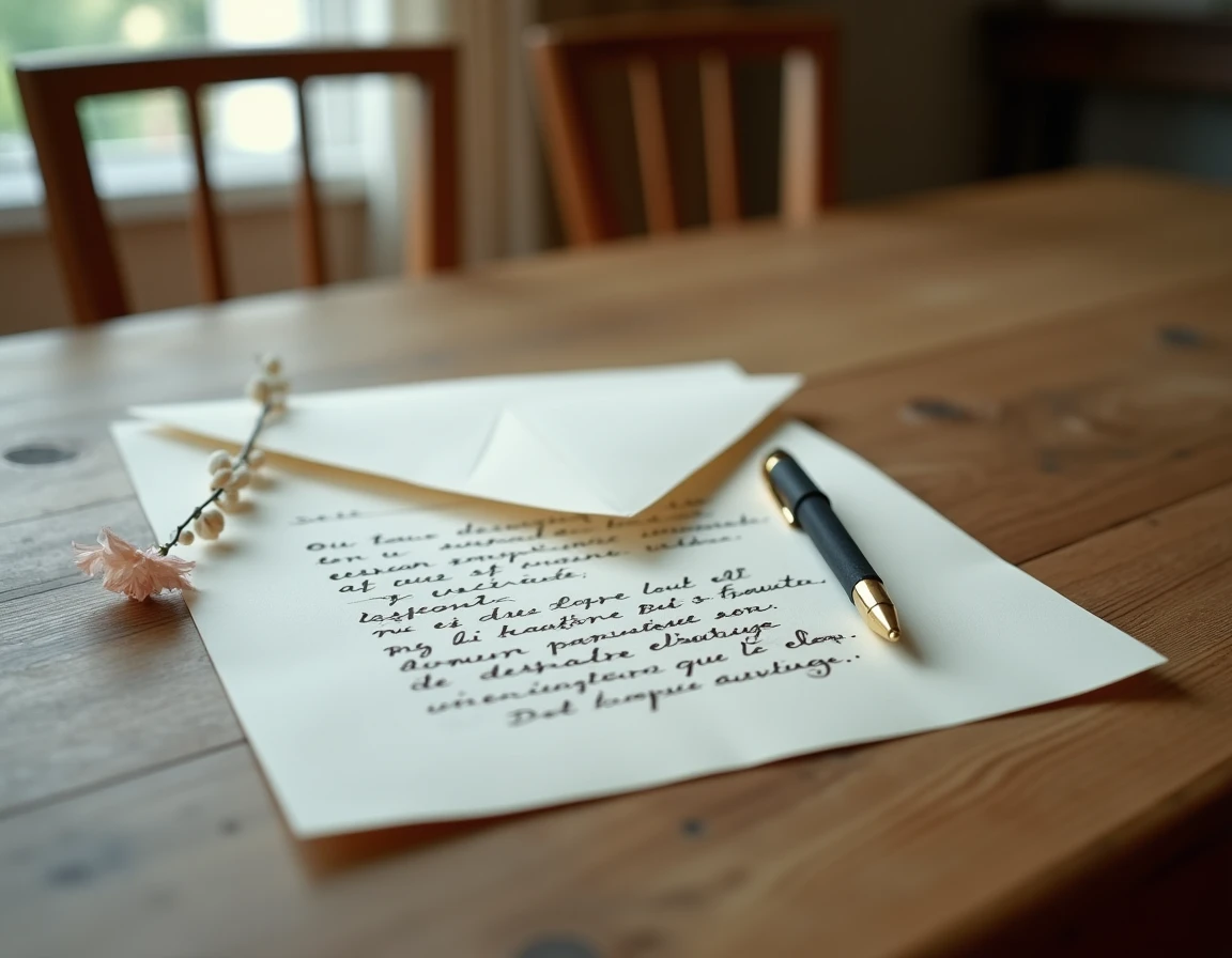 Lettre d'absence manuscrite pour l'école avec enveloppe fermée, symbole de deuil et de communication parentale