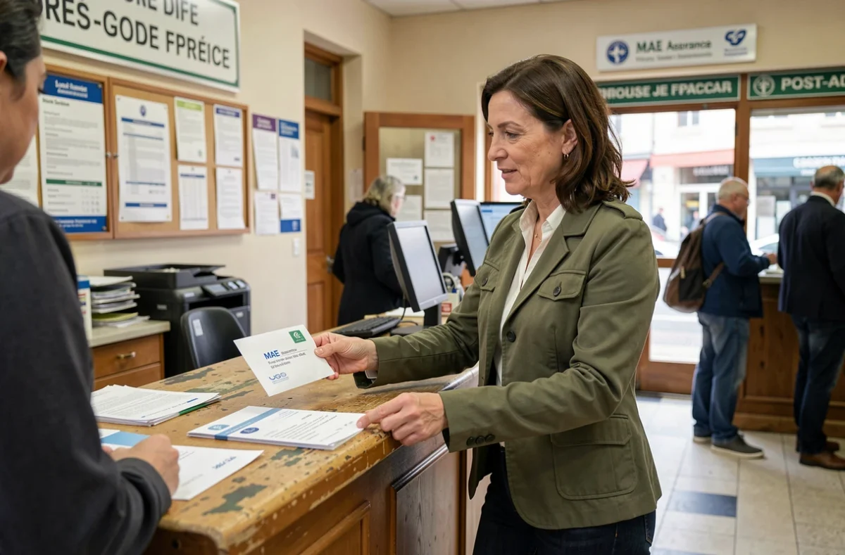 Femme envoyant un courrier de déclaration de sinistre à l'adresse MAE Assurance scolaire depuis un bureau de poste