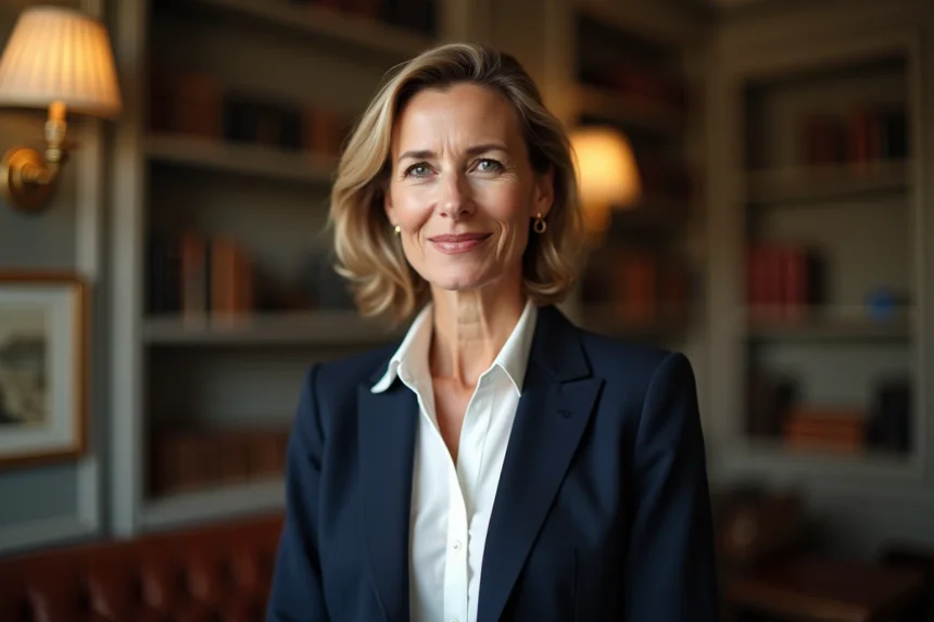 Portrait élégant d'une femme française dans un intérieur parisien raffiné avec bibliothèque