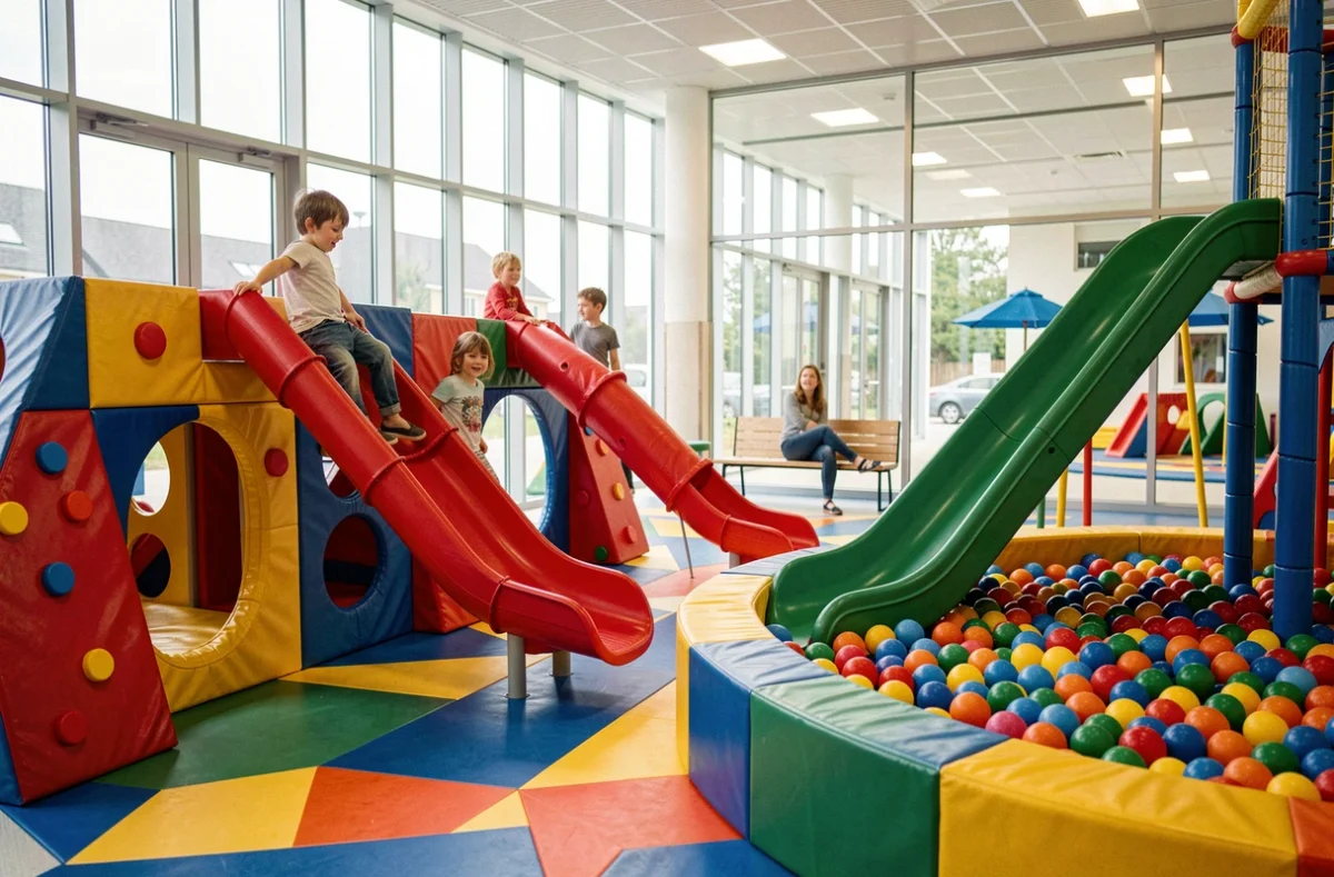 Enfants jouant dans la salle de jeux couverte colorée d'Expéria Park à Bénodet