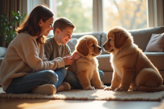 Famille souriante avec chiot Newfoundland dans un salon chaleureux