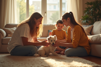 Famille heureuse jouant avec un petit animal dans le salon