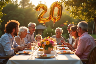 Famille multigenerations célébrant anniversaire dans un jardin