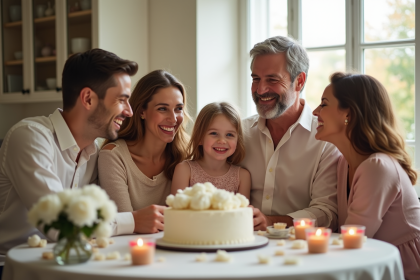 Famille heureuse autour d un gâteau d anniversaire de mariage