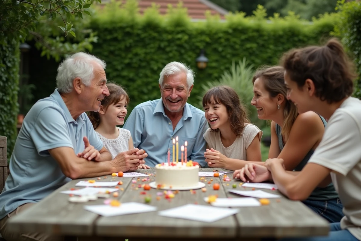 Famille réunie dans le jardin pour fêter l'anniversaire des parents autour d'une table avec des poèmes manuscrits