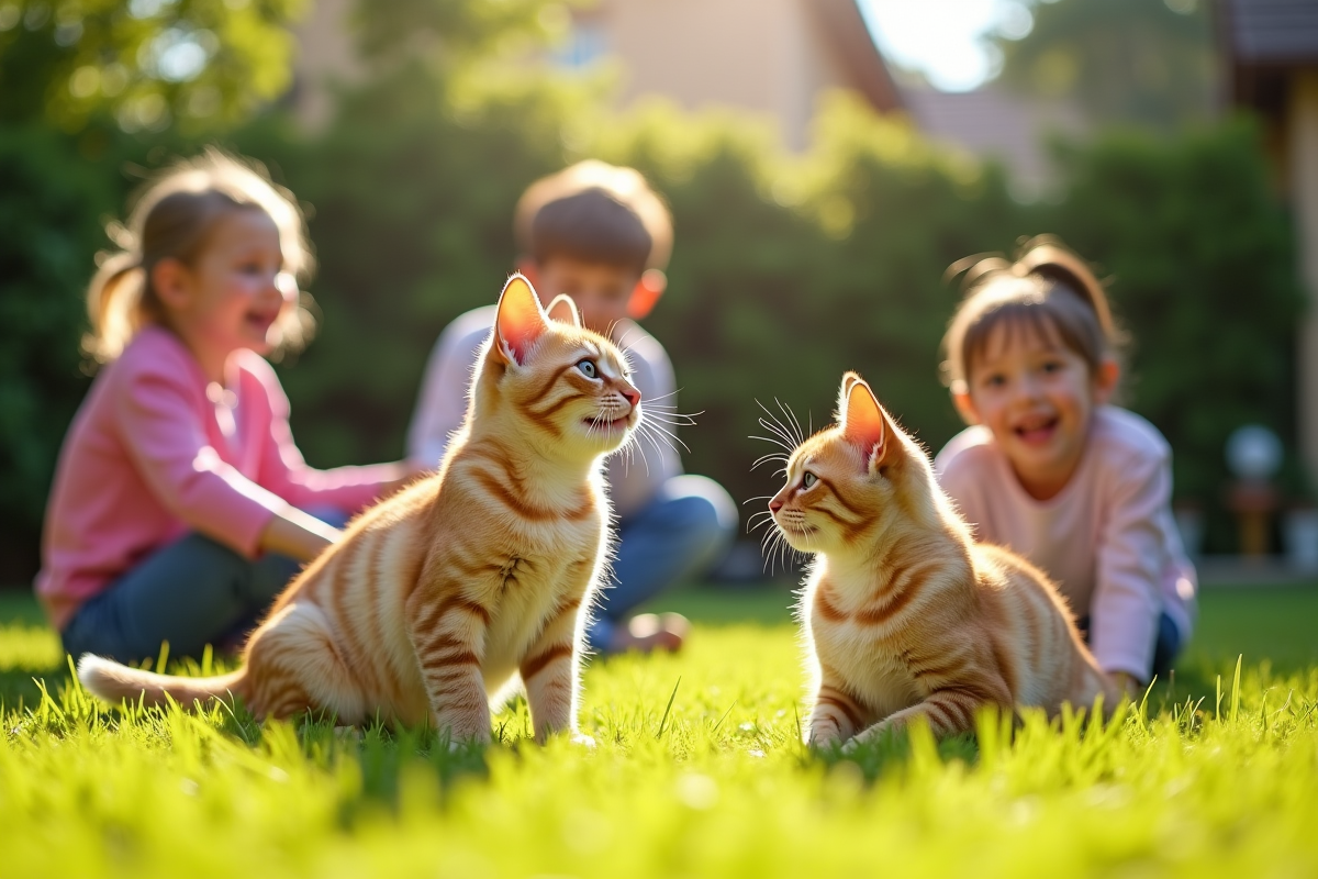 Famille jouant avec des chats abyssins dans un jardin ensoleille