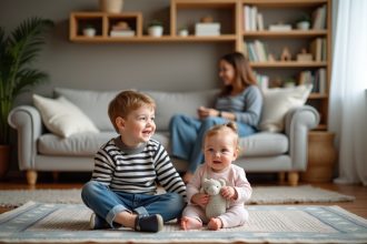 Famille jeune dans un salon chaleureux et cosy