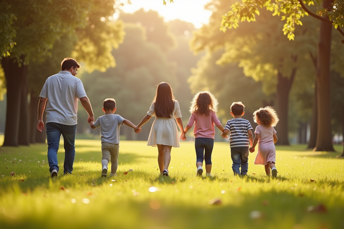 Famille diverse marchant main dans la main dans un parc ensoleille