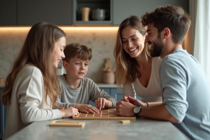 Famille moderne jouant à un jeu de société dans la cuisine