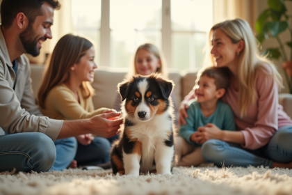 Famille multigenerale jouant avec un chiot australien
