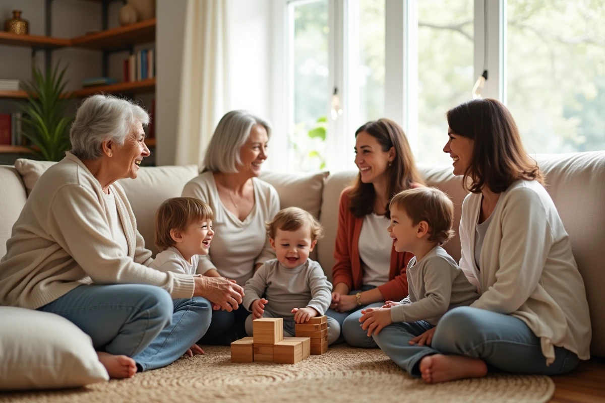 Famille multigénérationnelle avec grands-mères, filles jumelles et petits-enfants jumeaux illustrant l'hérédité des jumeaux