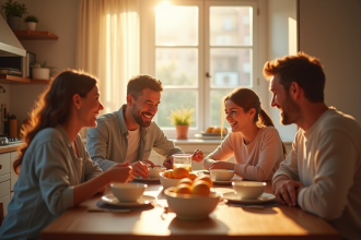 Famille souriante prenant le petit déjeuner dans une cuisine lumineuse