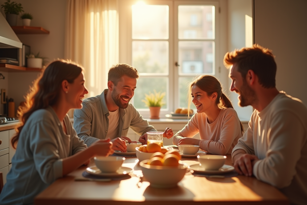 Famille souriante prenant le petit déjeuner dans une cuisine lumineuse