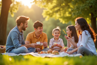 Famille heureuse pique-niquant dans un parc ensoleille