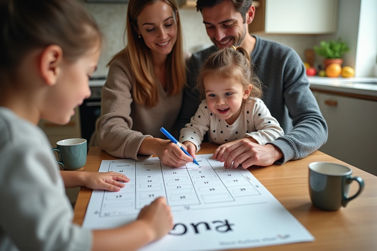 Famille discutant autour du calendrier des vacances scolaires