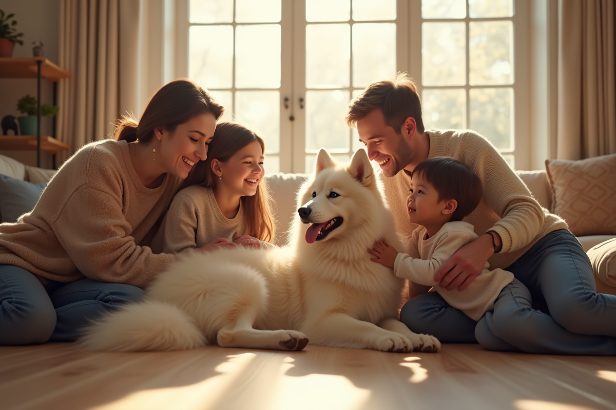 Famille heureuse avec un chien samoyed dans un salon chaleureux