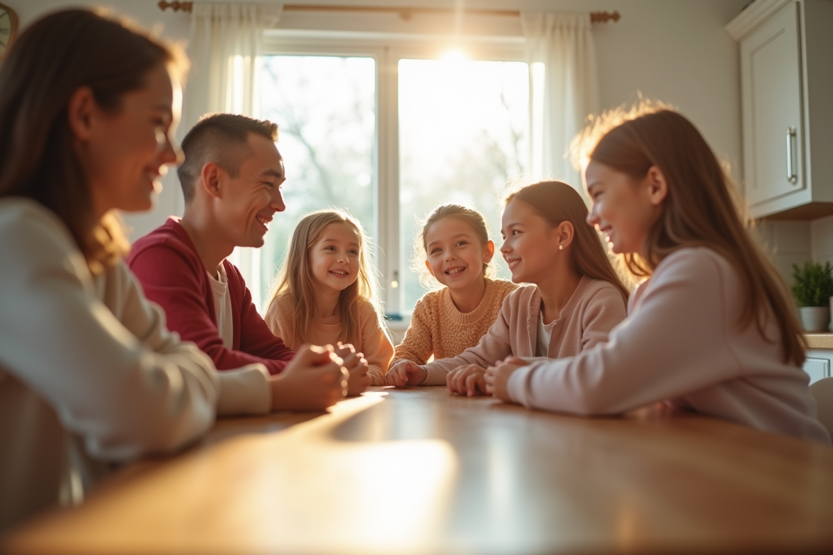 Famille souriante autour de la table de cuisine